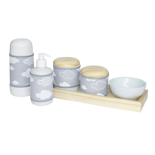 Kit Higiene Slim Pinus Garrafa Pequena Nuvem Chevron Cinza