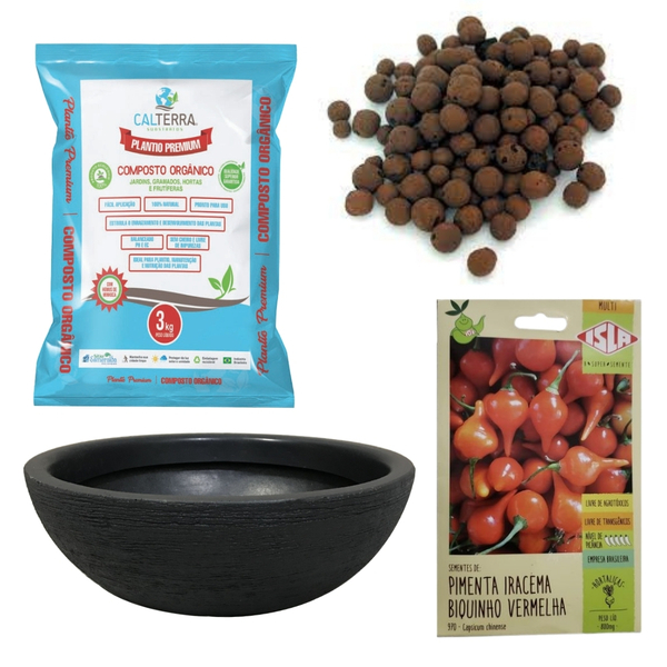 Kit Horta Plantio Fácil De Biquinho Vermelha E Bacia Preta