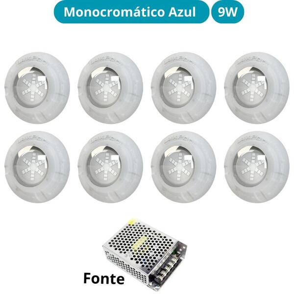 Kit Iluminação Azul Piscina 128m² 8 Leds Com Fonte Luxpool