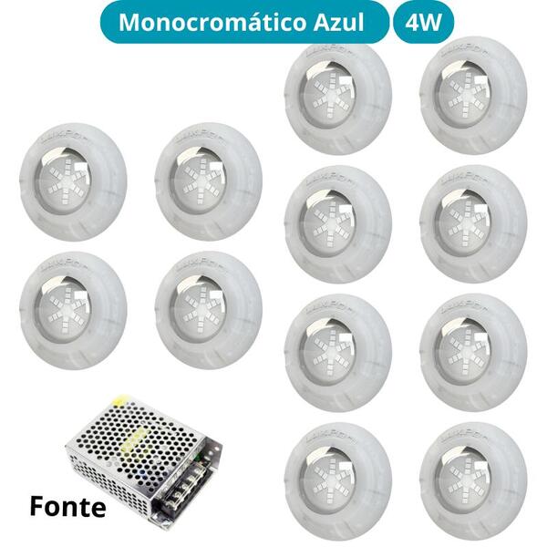 Kit Iluminação Azul Piscina 96m² 12 Leds Com Fonte Luxpool