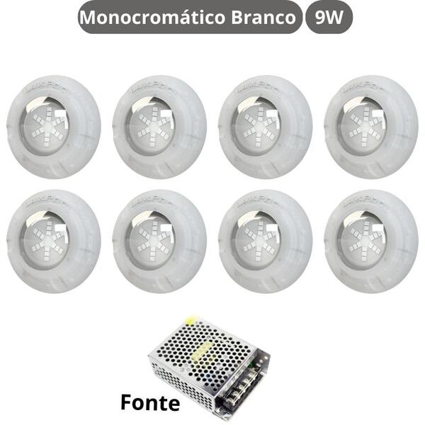 Kit Iluminação Branco Piscina 128m² 8 Leds Com Fonte Luxpool