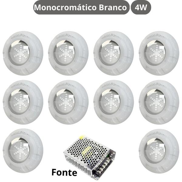 Kit Iluminação Branco Piscina 80m² 10 Leds Com Fonte Luxpool