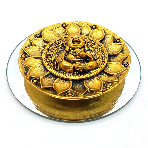 Kit Incensário Vareta Baby Buda Ouro Bandeja Espelhada 12cm