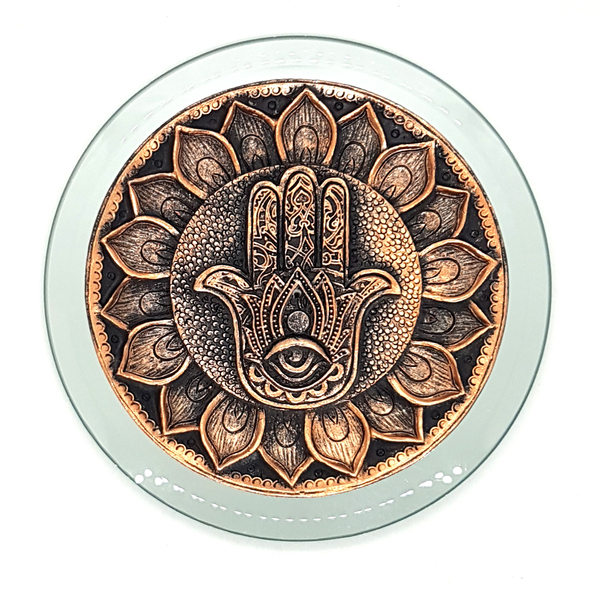 Kit Incensário Vareta Mão Hamsa Cobre Bandeja Espelhada 12cm