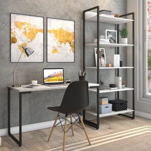 Kit Industrial 2 Peças 1 Escrivaninha E 1 Estante Porto Branco