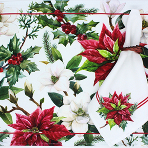 Kit Jogo Americano + Guardanapo Natal Flores - 2 Peças