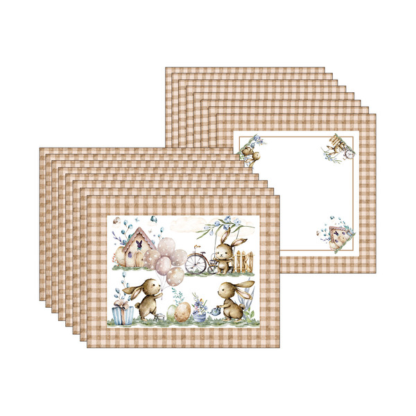 Kit Jogo Americano + Guardanapo Páscoa Marrom Xadrez - 8 Peças