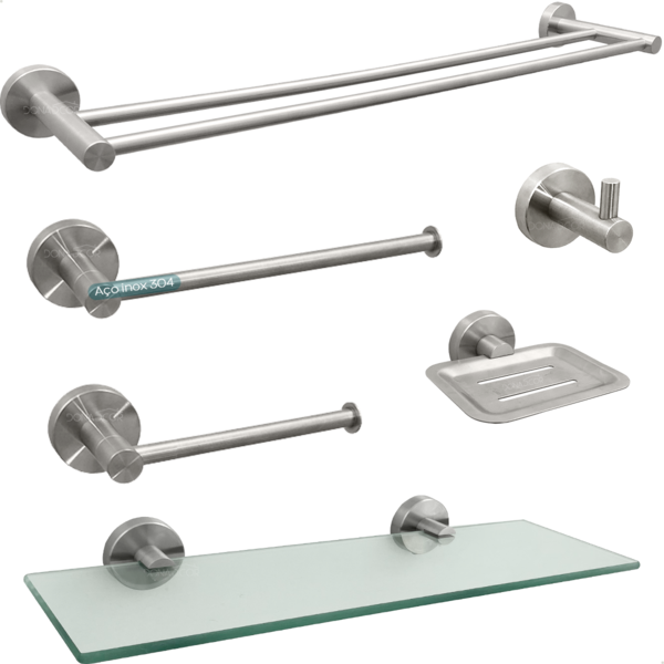 Kit Jogo De Banheiro Inox Escovado 6 Peças Toalheiro Duplo 60