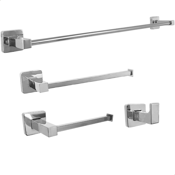 Kit Jogo De Banheiro Quadrado Inox Cromado Porta Toalha Banho