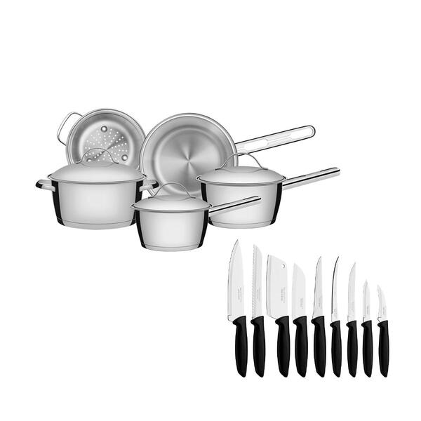 Kit - Jogo De Panelas Allegra 5 Pçs Inox + Jogo De Facas Plen