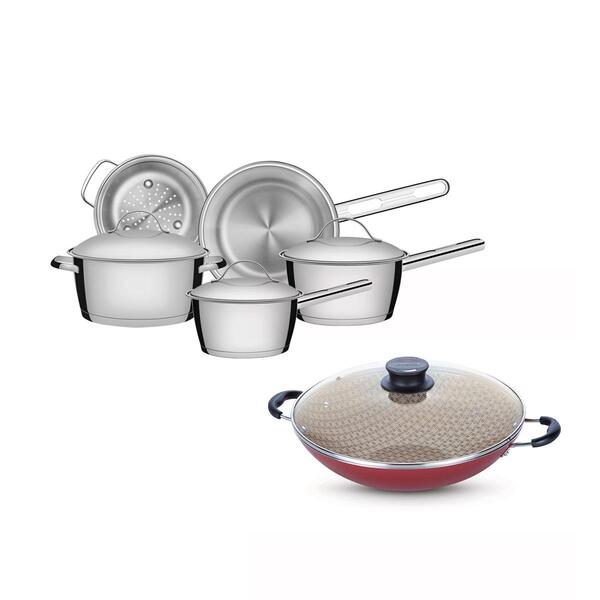 Kit - Jogo De Panelas Allegra 5 Pçs Inox + Panela Wok Alu...