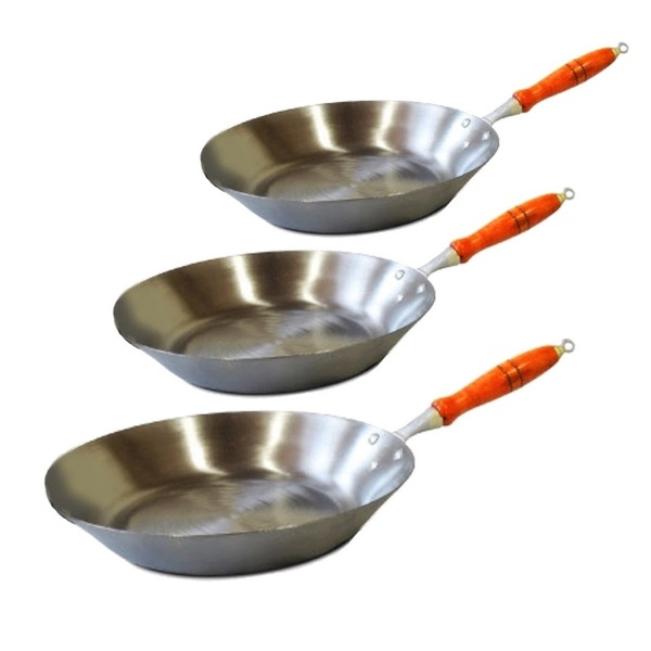 Kit Jogo Frigideiras Aço Carbono Chapa 1mm Cabo De Madeira