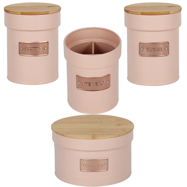 Kit Jogo Pote Lata Metal 4pçs Com Porta Utensílios Rose Nude