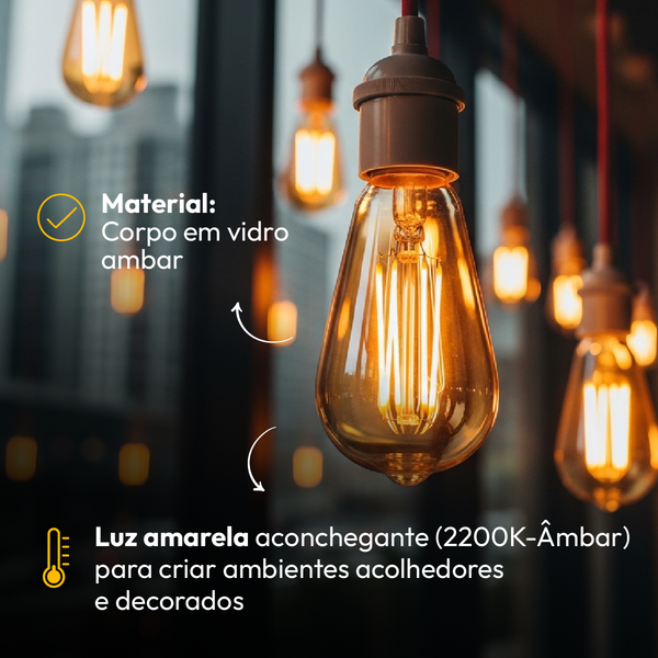 Kit Lâmpadas Led Filamento St64 4w 2200k Branco Quente E27 110v