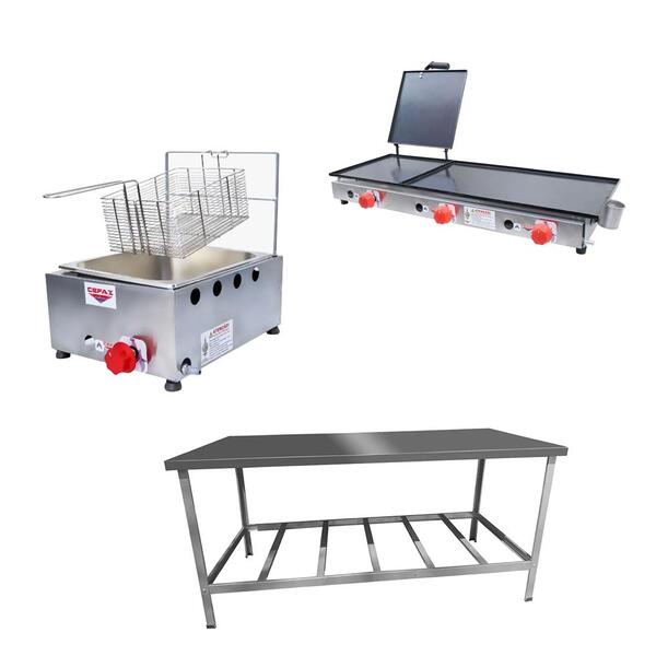Kit Lanchonete Mesa De Manipulação 190x70cm + Fritadeira A Gá