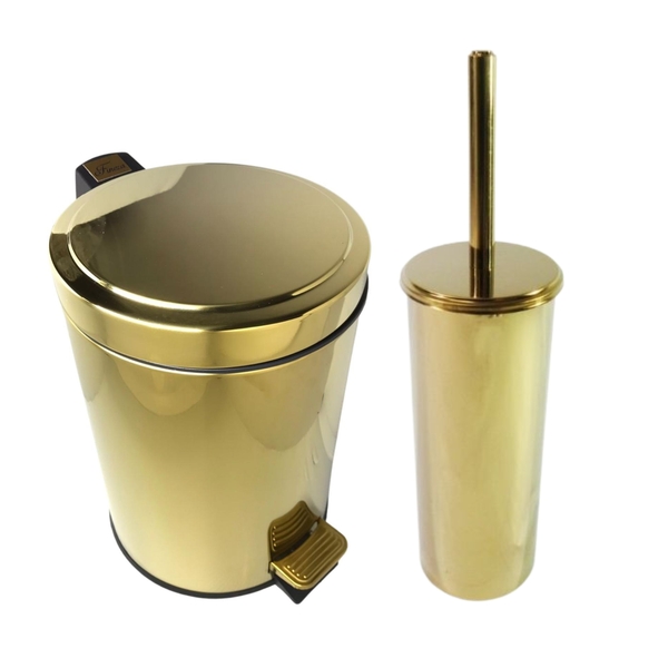 Kit Lavabo Inox Dourado Lixeira 5l E Suporte Com Escova Fineza