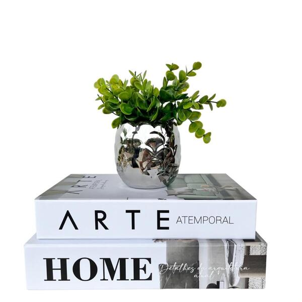 Kit Livro Caixa Porta Objetos P/ Decorar E Vaso Prata Escama