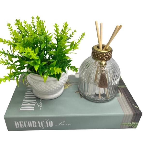 Kit Livro Decoração Luxo + Vaso Branco + Difusor De Vidro