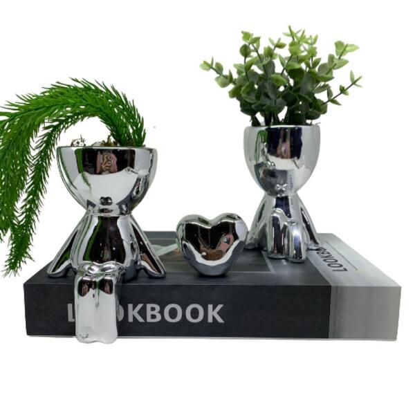 Kit Livro Decorativo, 2 Vaso Bob Prata E Coração Geométrico