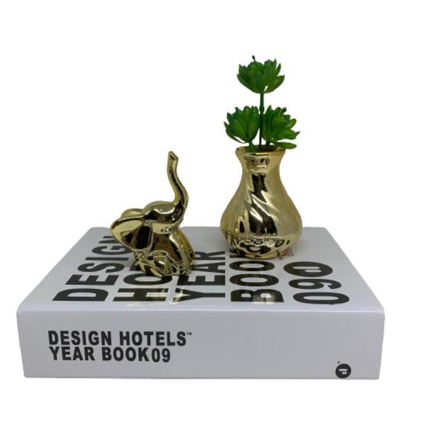 Kit Livro Decorativo, Vasinho Dourado E Elefante Cerâmico