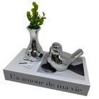 Kit Livro Decorativo, Vaso Prata 3d E Pássaro Cerâmico