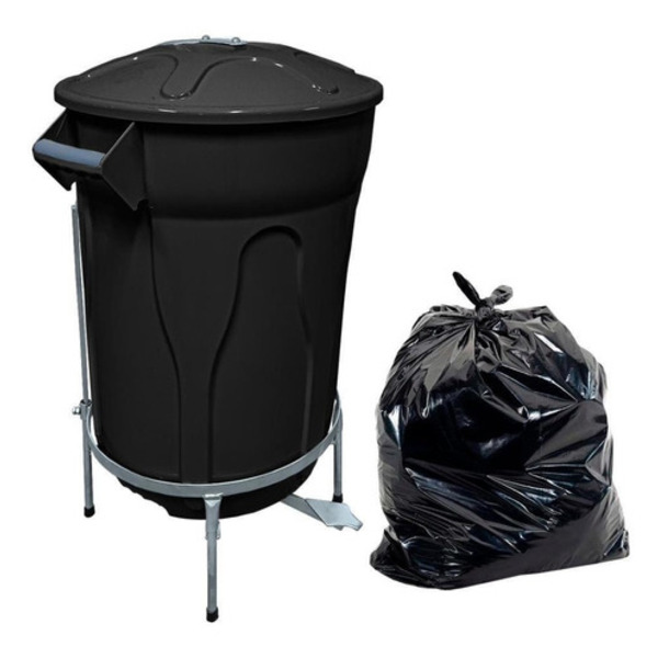 Kit Lixeira Pedal De Aço Preta 100l+ 100 Sacos De Lixo 100l