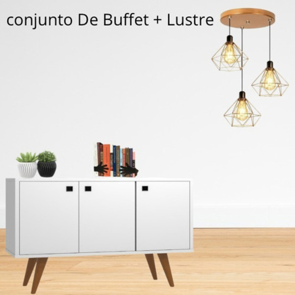 Kit Luminária Mais Armário Branco Buffet  Branco Lustre Arama