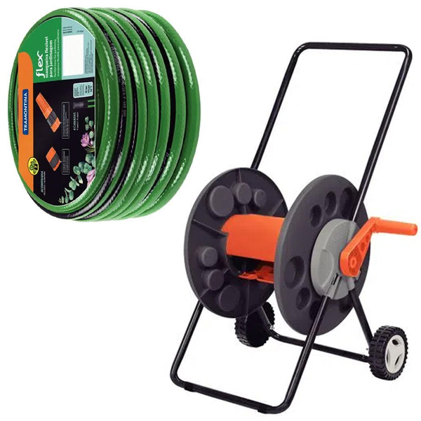 Kit Mangueira Flex Para Jardim 30 Metros Mais Suporte Enrolad
