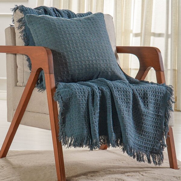 Kit Manta E 2 Almofada Decorativa Para Sofá Waffle 100% Algod