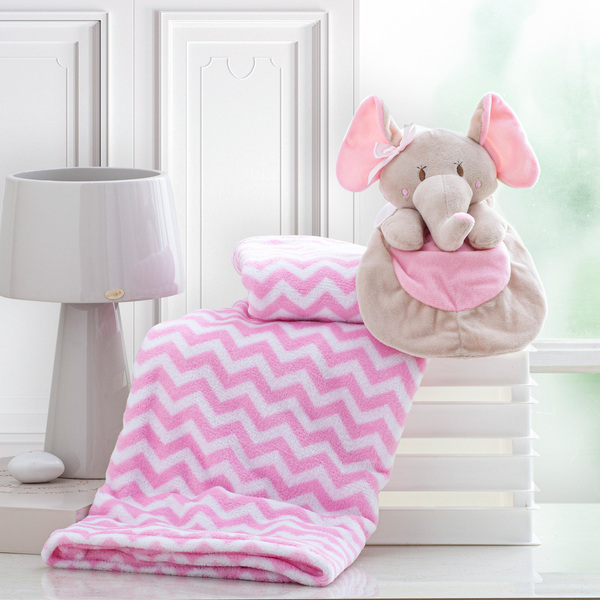 Kit Mantinha Soft De Bebê C/ Naninha Elefante Rosa 02 Peças