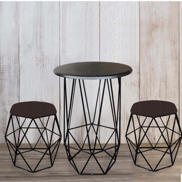 Kit Mesa Aramada E 2 Puffs Banqueta Hexágono Base Ferro Preto
