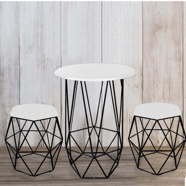 Kit Mesa Aramada E 2 Puffs Banqueta Hexágono Base Ferro Preto