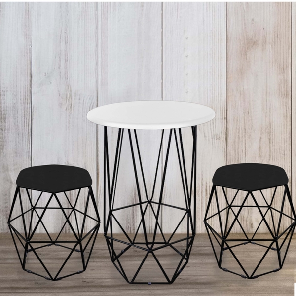 Kit Mesa Aramada E 2 Puffs Banqueta Hexágono Base Ferro Preto