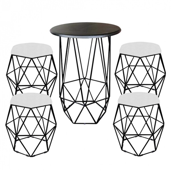 Kit Mesa Aramada E 4 Puffs Banqueta Hexágono Base Ferro Preto