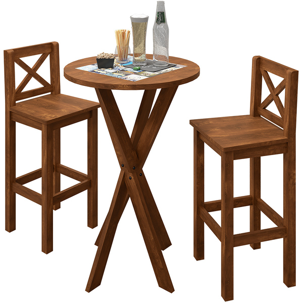 Kit Mesa Bistrô Redonda Com 2 Banquetas Madeira Maciça Cerâmi