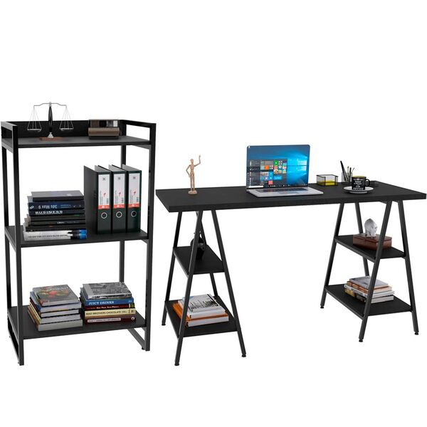 Kit Mesa Cavalete 135 Cm Com Estante 3 Prateleiras Estilo Ind