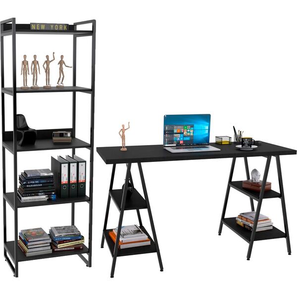 Kit Mesa Cavalete 135 Cm Com Estante 5 Prateleiras Estilo Ind