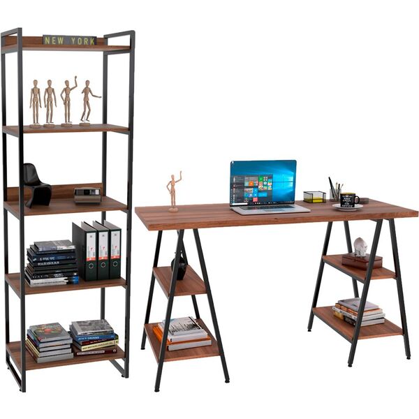 Kit Mesa Cavalete 135 Cm Com Estante 5 Prateleiras Estilo Ind