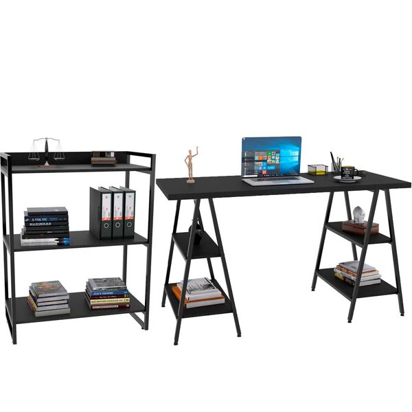 Kit Mesa Cavalete 150 Cm Com Estante 3 Prateleiras Estilo Ind