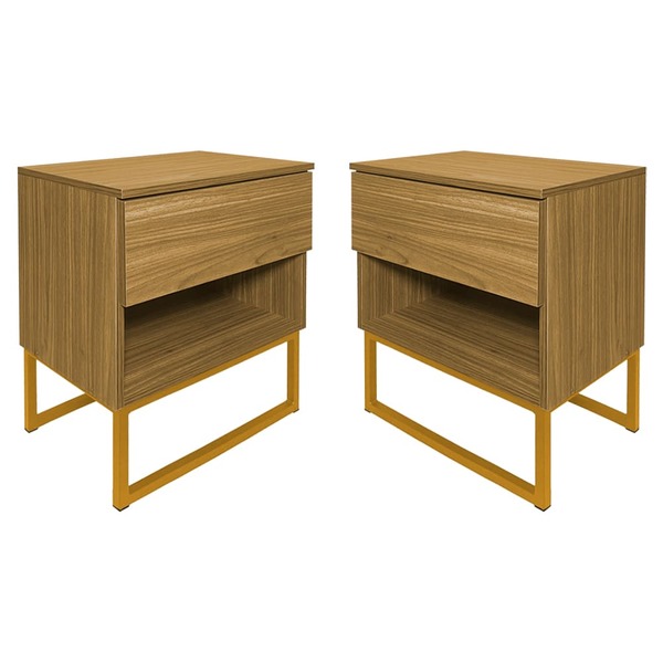 Kit Mesa De Cabeceira Freijó Slim 1 Gaveta Base Dourada - Val