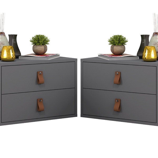 Kit Mesa De Cabeceira Unic 45 Cinza Pux Couro 2 Gavetas