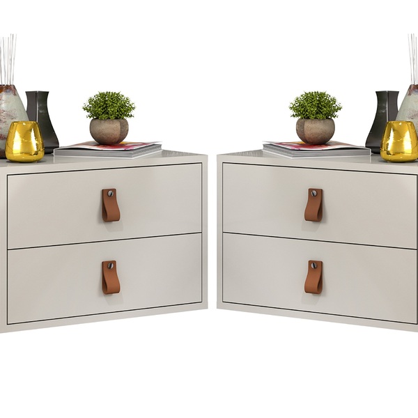Kit Mesa De Cabeceira Unic 45 Off White Pux Couro 2 Gavetas