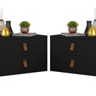 Kit Mesa De Cabeceira Unic 45 Preto Pux Couro 2 Gavetas