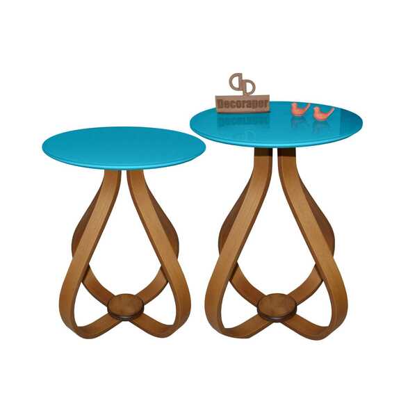 Kit Mesa De Canto Cebola Com Vidro 60cm - Azul Turquesa