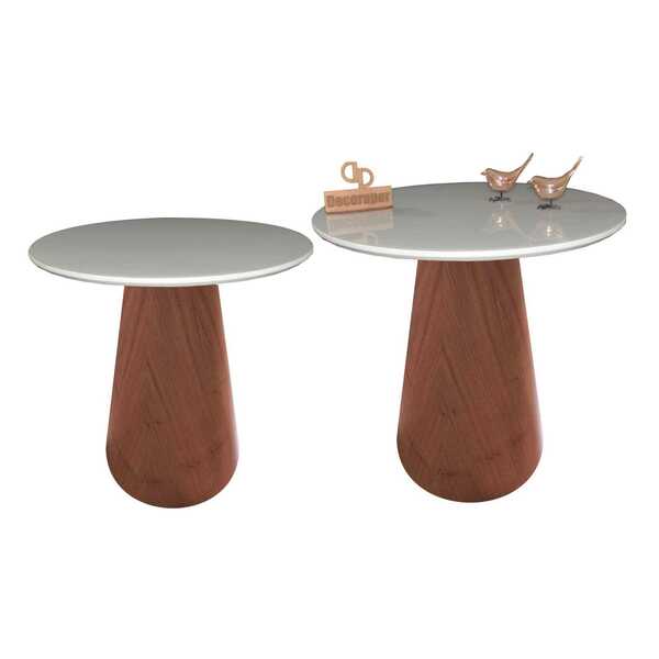 Kit Mesa De Canto Com Vidro 50/60cm E Base Cone Envernizada -