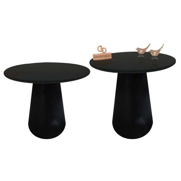 Kit Mesa De Canto Com Vidro 60cm E Base Cone Laqueada - Preta