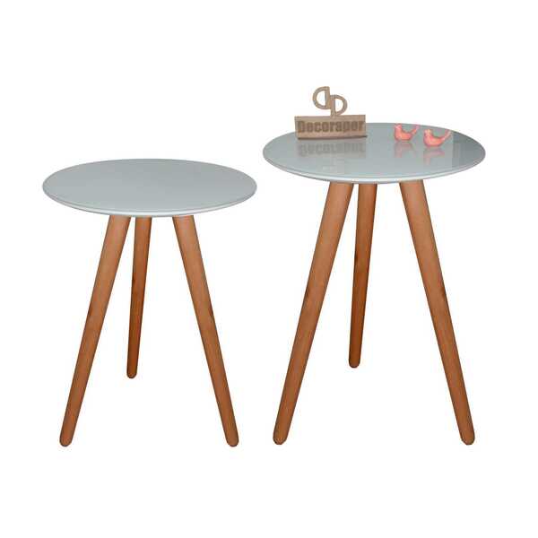 Kit Mesa De Canto Tripé Com Vidro 50cm - Off White