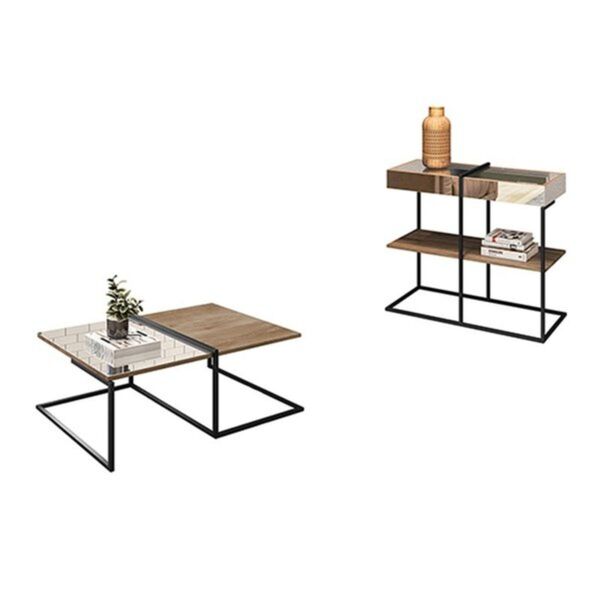 Kit Mesa De Centro Aparador Espelhado Aurora Demolição Preto