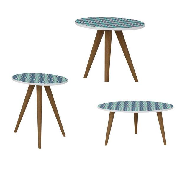 Kit Mesa De Centro E Mesas Laterais Retrô Branco E Azul