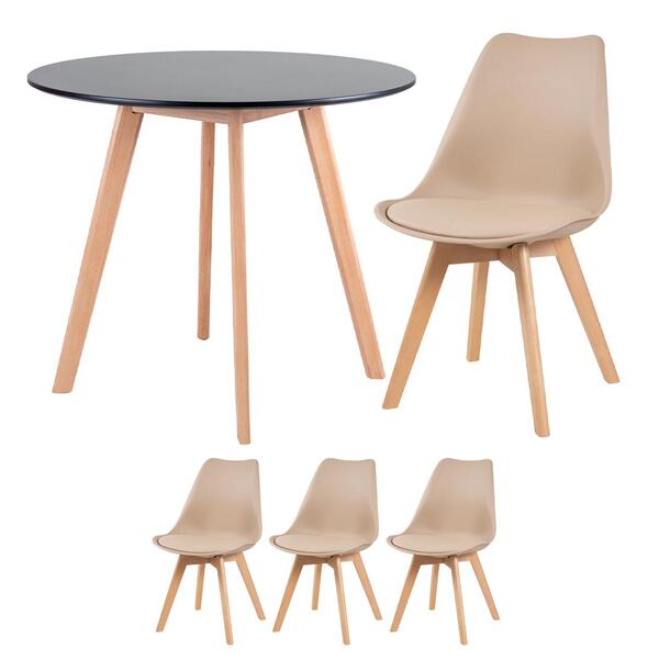Kit - Mesa De Jantar Leda 90 Cm Preto + 3 Cadeiras Estofadas